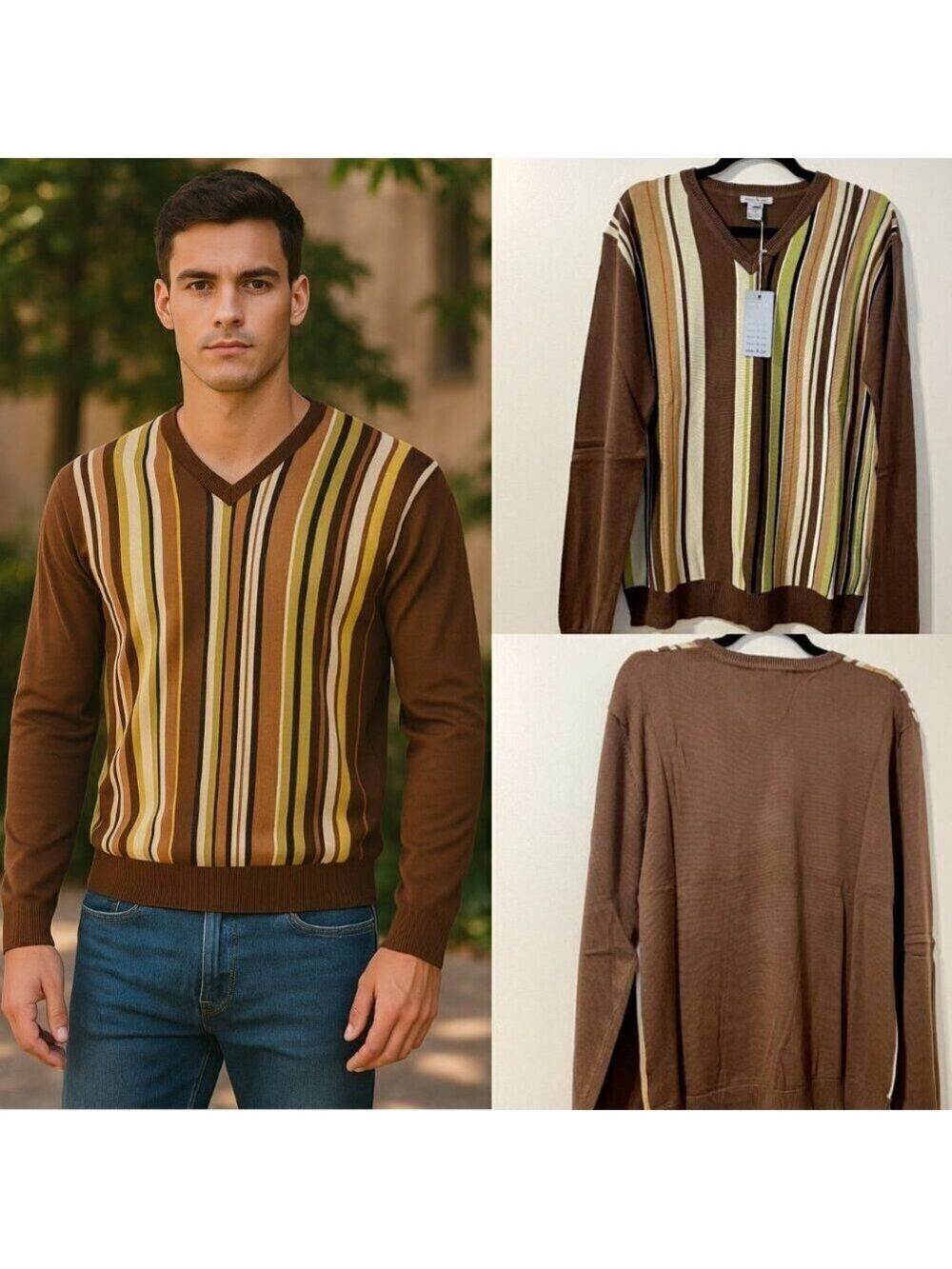 NWT Mac & Jac Striped Cotton Blend V-Neck Sweater M
